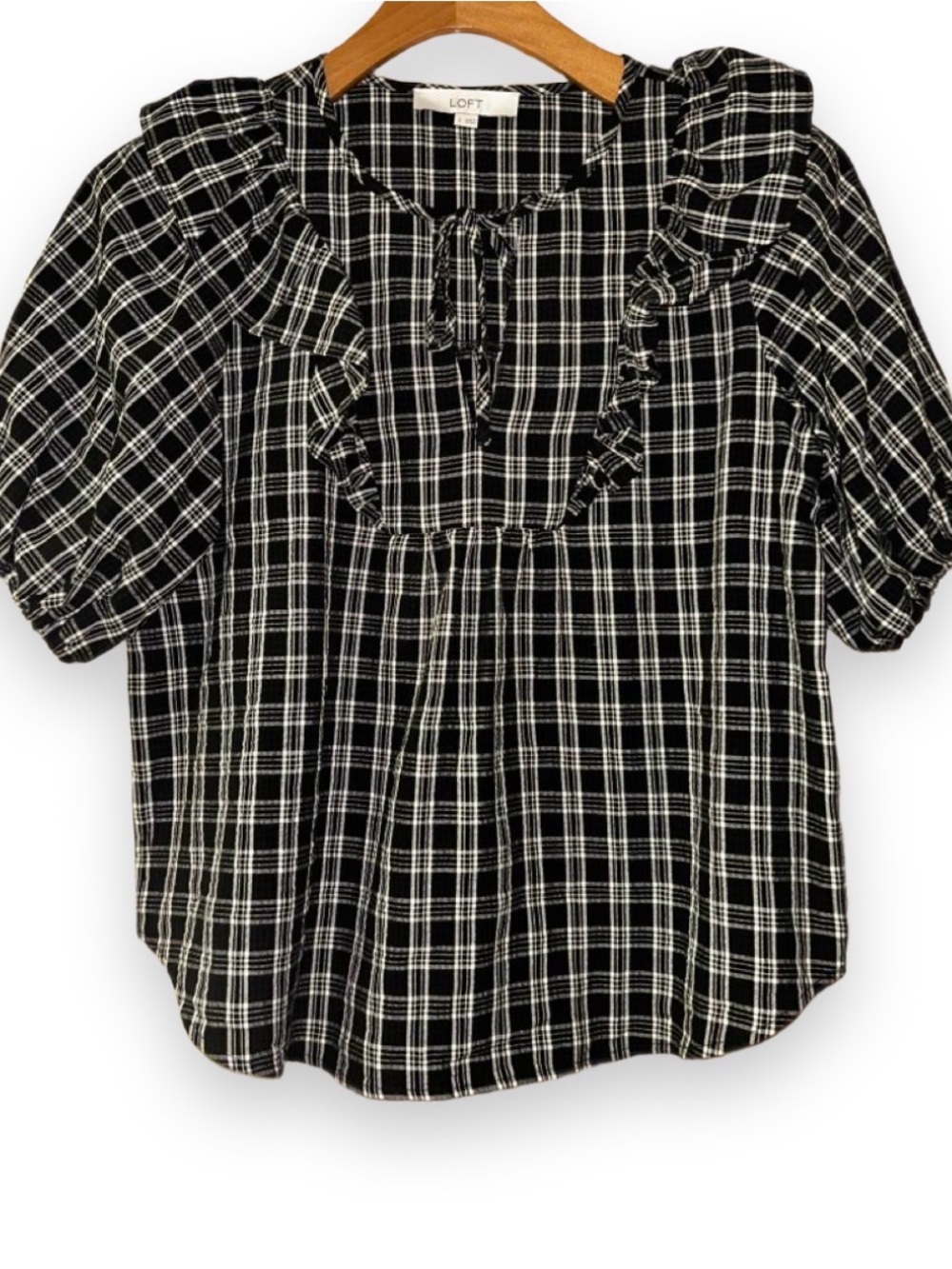 LOFT Black & White Plaid Ruffle-Neck Blouse